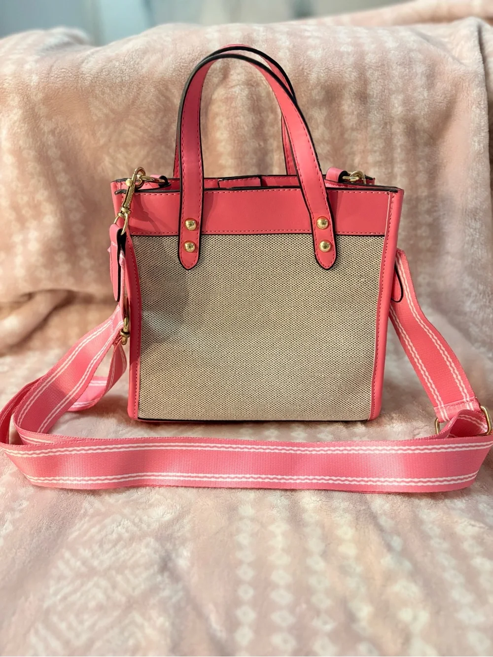Pink Canvas & Leather Tote with Adjustable Strap